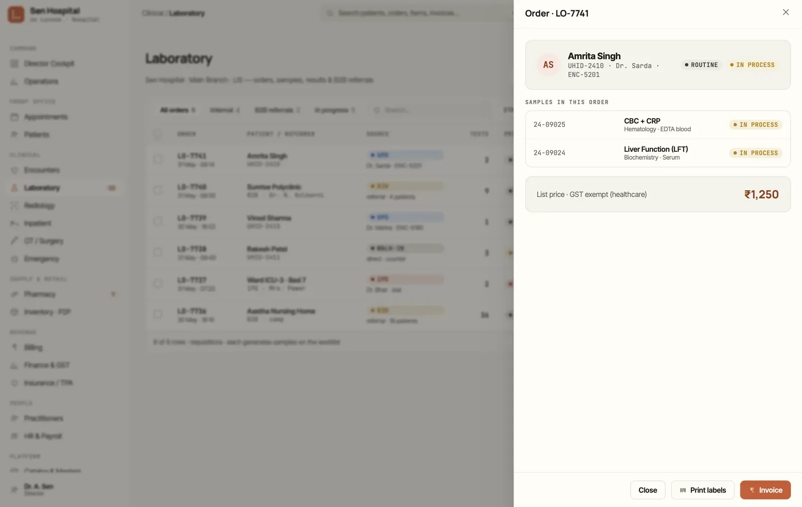 A lab order's detail in Lucoze