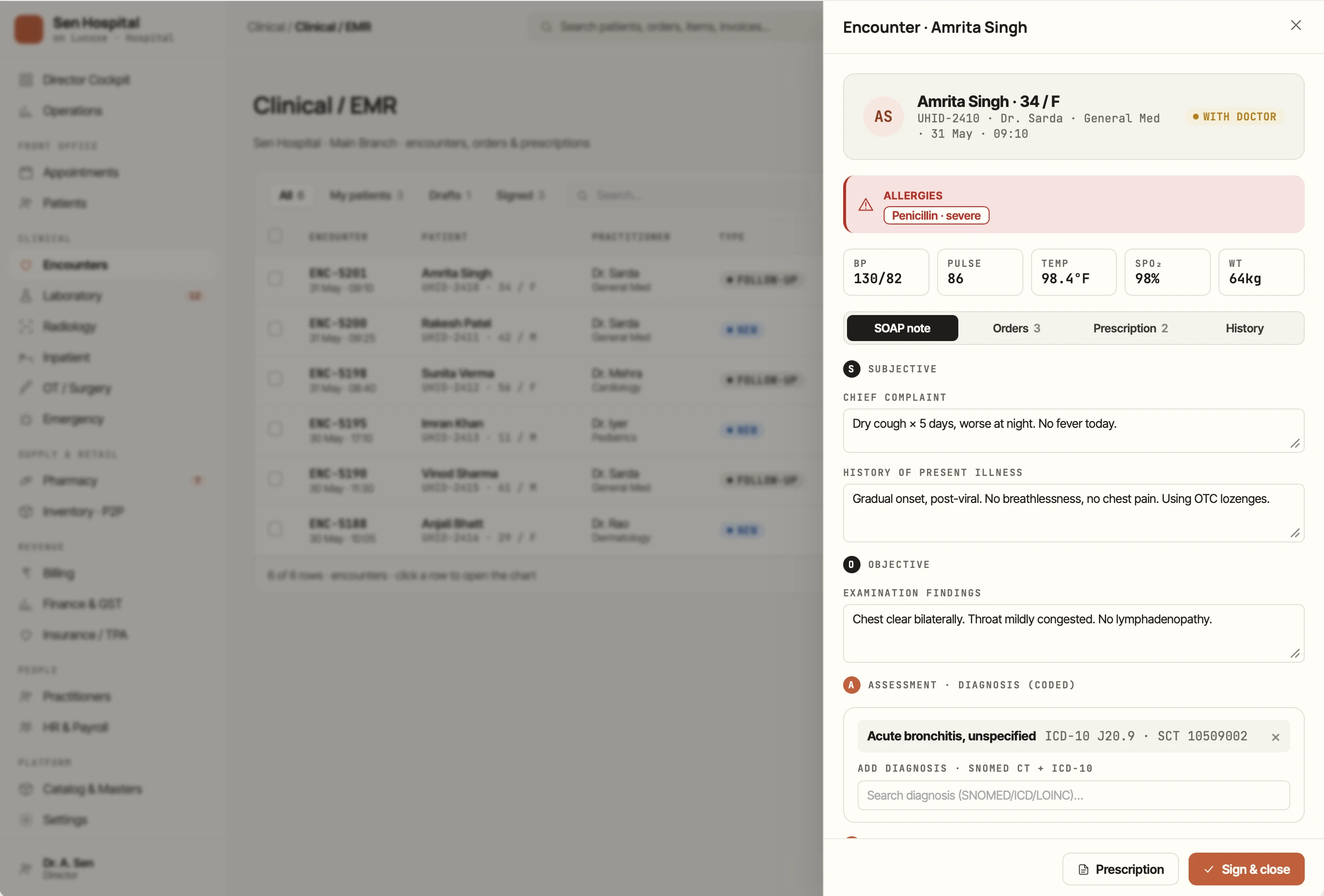 A doctor's patient encounter and consultation screen in Lucoze
