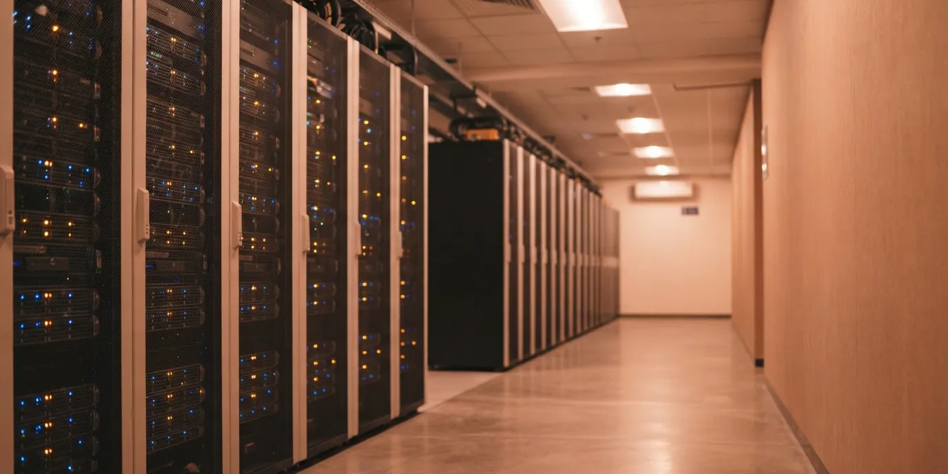 A modern data-centre corridor lined with server racks glowing with blue and amber indicator lights, receding into warm ambient light — where patient data is hosted, in India.