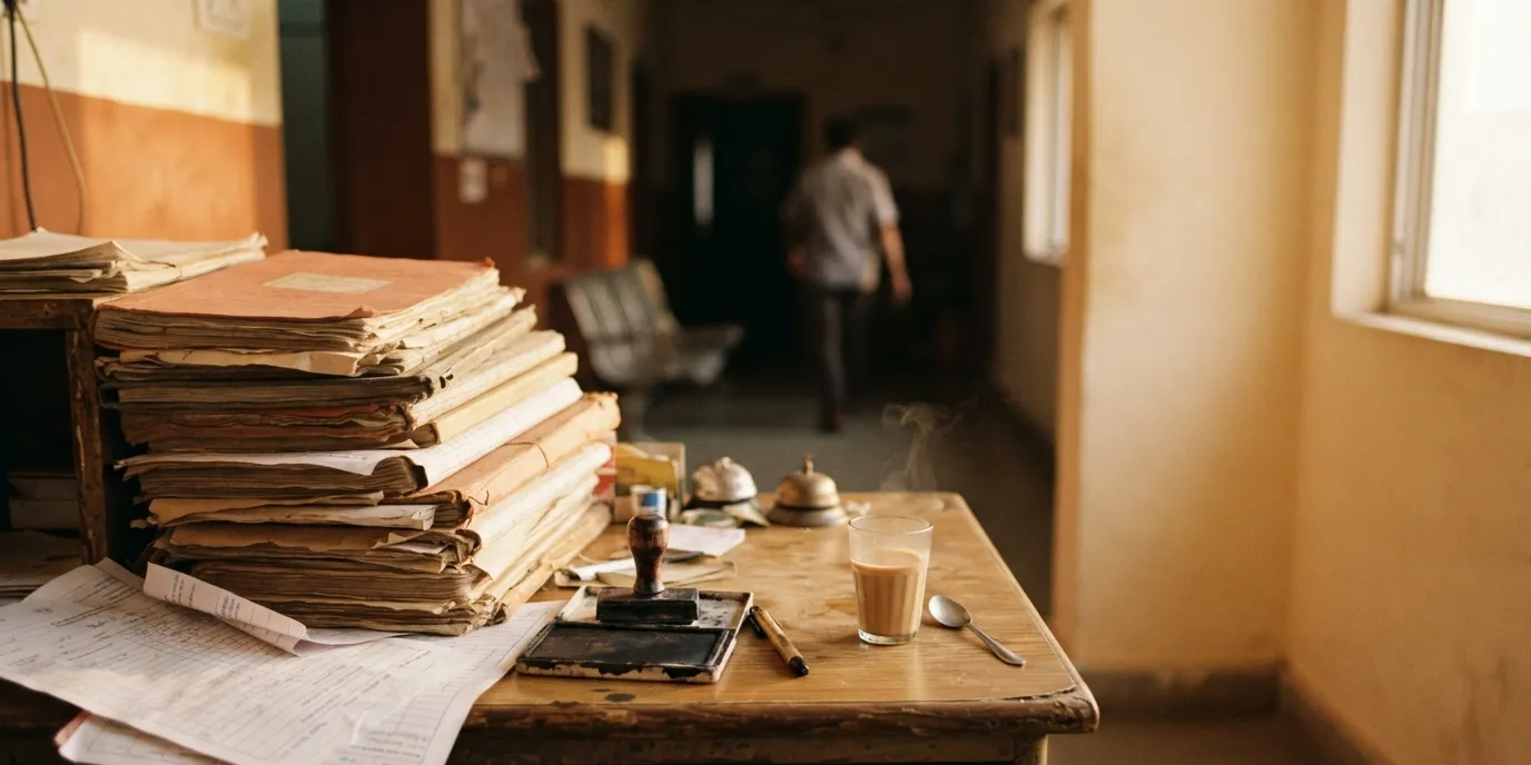 A worn wooden clinic reception desk piled with old paper patient files and registers, loose records spilling off the edge, a rubber stamp on an ink pad, a call bell and a glass of chai, in a sunlit clinic corridor — the hidden cost of running a clinic on paper.
