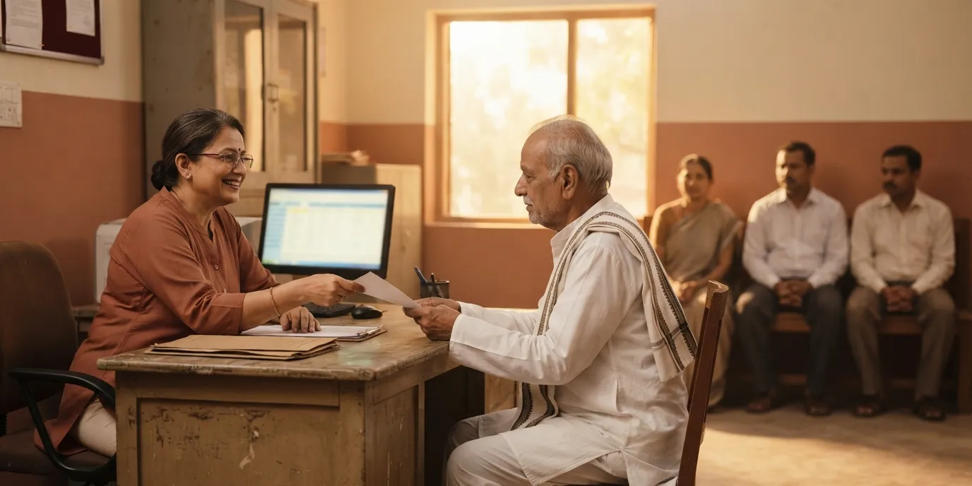 A smiling clinic receptionist hands a form to an elderly patient in a dhoti at a small-town North-Indian clinic desk, a computer between them and other patients waiting on a bench in warm afternoon light.